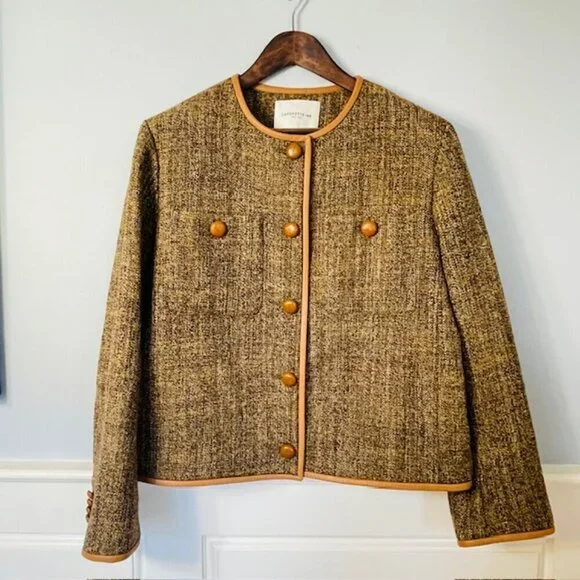 Lafayette 148 New York Highlands Leather Trim Wool Boucle Tweed Jacket Large - Picture 4 of 11
